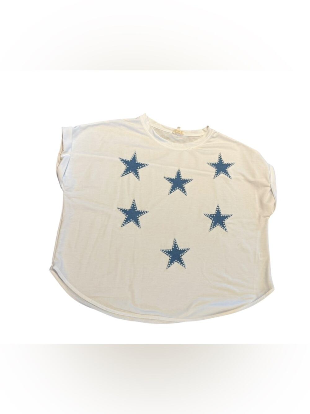 BiBi White Tee with Pearl & Denim  Star Accents Womens XL